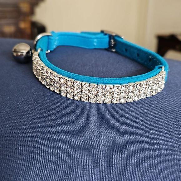 Other - NWOT Soft blue velvet adjustable cat collar with rhinestones and a bell